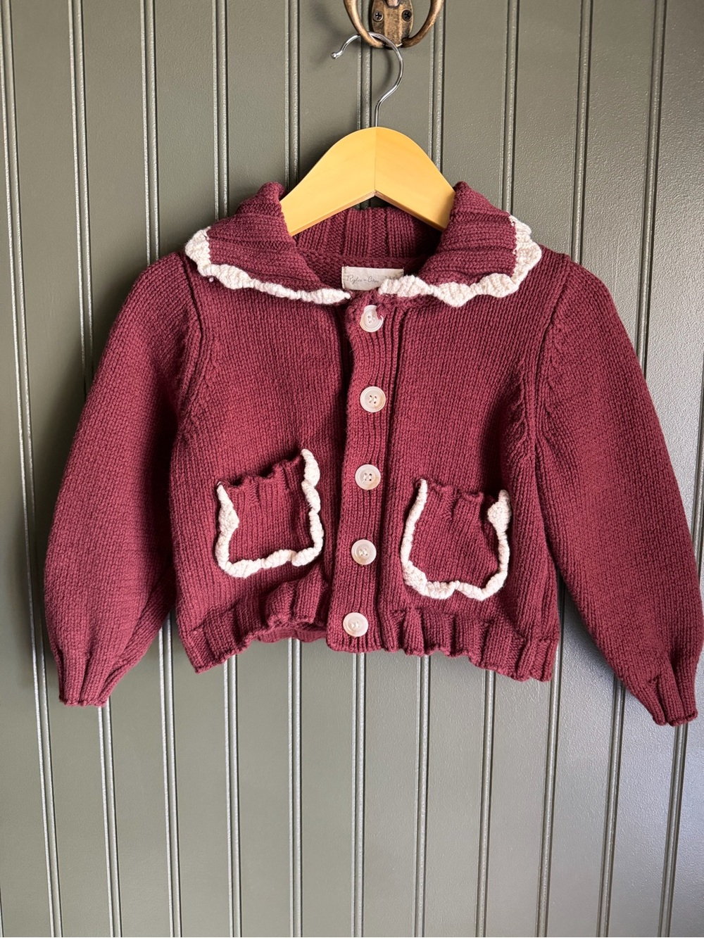 Rylee and cru Burgundy Knit Button-Up Cardigan with Cream Trim